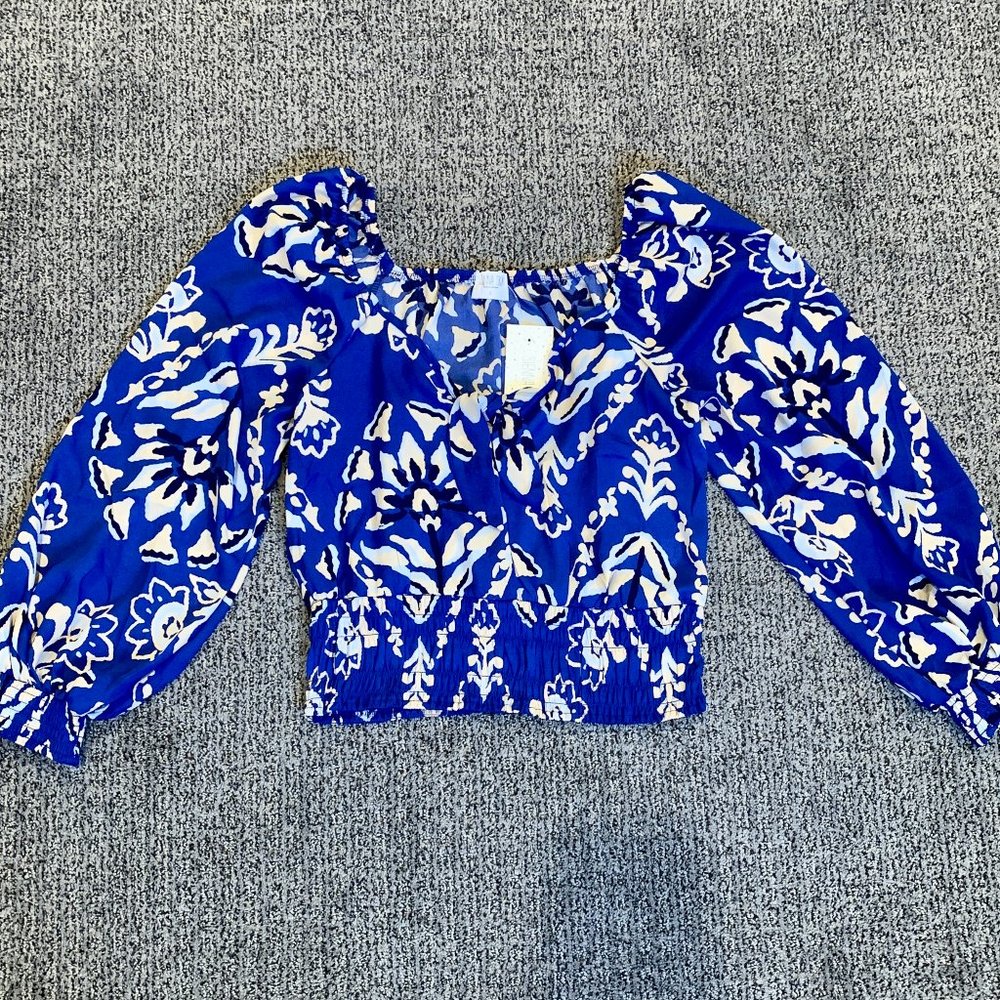 Women's Blue Floral Cropped Blouse L